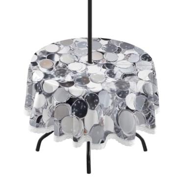 Imagem de GUIJI Toalha de mesa redonda com 3 lantejoulas prateadas para uso ao ar livre com orifício para guarda-chuva e zíper para sala de jantar, festa, piquenique ao ar livre - 152 cm