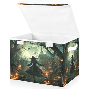 Imagem de Blueangle Caixas de armazenamento dobráveis 1 pacote, cestas de armazenamento de bruxas de Halloween com tampas e alça para casa quarto armário escritório (143)