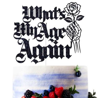 Imagem de Black Glitter What's My Age Again Cake Topper, Old English Skull Gothic Themed Birthday Decor, Funeral Birthday Party Decorations Supplies