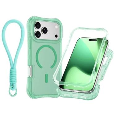 Imagem de Capa transparente com carregamento magnético em PC+TPU para iPhone 17 Pro Max Air 16 15 14 13 12 Plus, com alça de pulso e proteção contra impactos (para iPhone 12 Pro/Verde Jade)