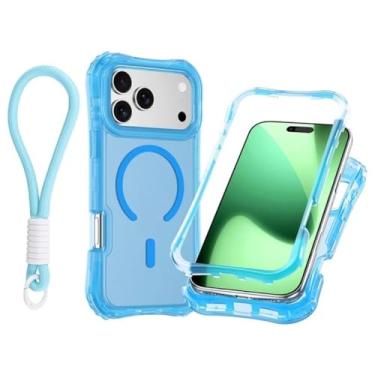 Imagem de Capa transparente com carregamento magnético em PC+TPU para iPhone 17 Pro Max Air 16 15 14 13 12 Plus, com alça de pulso e proteção contra impactos (para iPhone 15 Plus/azul gelo)
