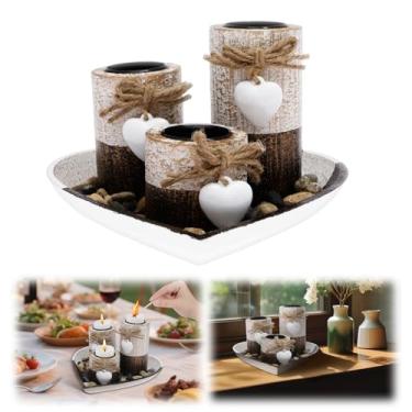 Imagem de Castiçal de madeira com bandeja em forma de coração, 3 peças de velas decorativas com pedra para mesa central, jantar, casas de fazenda e decorações de casamento