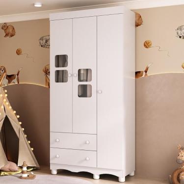 Imagem de Guarda-roupa Infantil 92cm Com Vidro 3 Portas E 2 Gavetas Luna Multimóveis MP4412 Branco