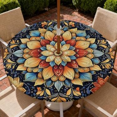 Imagem de Yesad Toalha de mesa redonda para uso ao ar livre com orifício para guarda-chuva, toalha de mesa com zíper e borda elástica, capa de toalha de mesa à prova d'água para piqueniques, serve para mesa