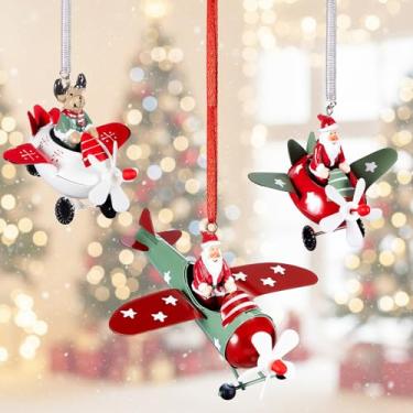 Imagem de Therwen 3 peças de enfeites de Natal pendurados para decoração de árvore de Natal Papai Noel alce em modelos de avião, aviões de metal para festa de Natal, árvore de aniversário, decoração de quarto