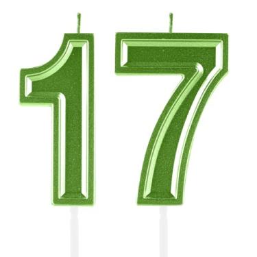 Imagem de Velas de aniversário de 17 anos, numerais verdes, decoração de topo de bolo, meninas, meninos, tema de aniversário, festa de casamento, aniversário de casamento, suprimentos para celebração