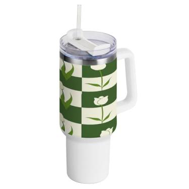 Imagem de Kigai Copo de grade de tulipa verde de 1,134 g com tampa e canudo, copo isolado de aço inoxidável durável à prova de vazamento com alça, garrafas de água à prova de derramamento para viagens