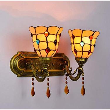 Imagem de Luminária de parede de 2 braços estilo Tiffany, luminária de parede vintage com cúpula de vitral, arandela de parede interna para quarto, sala de estar e corredor, E27, CrystalBeads