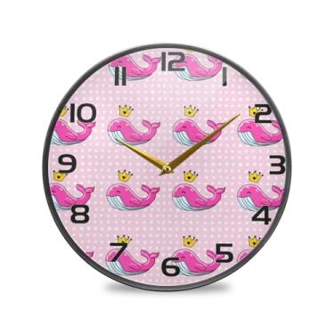 Imagem de YETTASBIN Relógio de parede acrílico com baleias cor-de-rosa - Silencioso, sem tique-taque, operado por bateria, relógio redondo decorativo criativo para cozinha, sala de estar, banheiro, decoração de