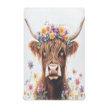 Imagem de STAYTOP Lençol de berço fofo de vaca Highland em aquarela para meninos e meninas, lençol com elástico para berço padrão e colchão infantil, de microfibra supermacia, 132 × 71 x 22 cm