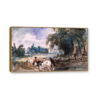 Imagem de Moldura de madeira de teca. Mural com moldura de madeira maciça John Constable Pintura de paisagem Arte de romance Arte de parede elegante emoldurada. (Uma barcaça no piso 2). 50 x 85 cm