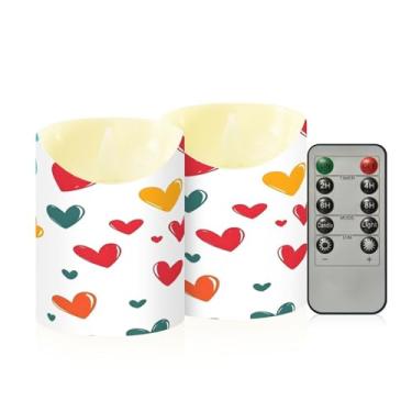 Imagem de Wassud Pacote com 2 velas coloridas sem chama com padrão de coração com controle remoto, velas realistas cintilantes com temporizador, velas decorativas para Natal, casamento, festa, decoração de casa