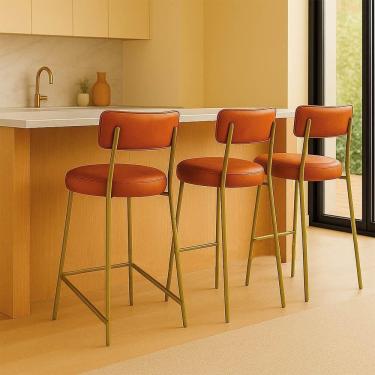 Imagem de Banqueta Cozinha Alta Com Encosto Industrial Dourado Kit 3 Londres Pu Whisky D03 - D`rossi