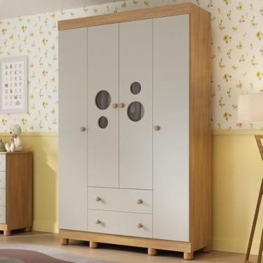 Imagem de Guarda-roupa Infantil 122cm com Vidro 4 Portas e 2 Gavetas Bombom Multimóveis Mp4463 Madeirado/off White