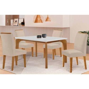 Imagem de Sala Jantar Mesa Londrina Tampo c/ Vidro Curvo 120cm 4 Cadeiras Dakota Madeira Naturale/Off White - Capuccino/Suede Creme - Rufato