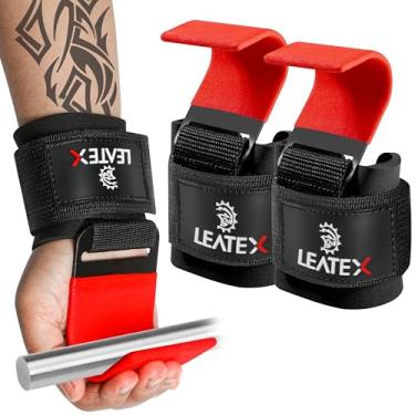 Imagem de Leatex Ganchos de levantamento de peso, alças de pulso, suporte de mão para levantamento terra, flexões, encolheres, alças de levantamento de peso para homens e mulheres (vermelho)