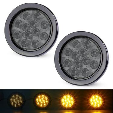 Imagem de Ledvillage 2 peças de luz traseira de 10 cm de lente fumê âmbar LED marcador redondo com 3 modos (baixo/alto/estroboscópico) – 12 LED, 4 fios, ilhós e plugue de pinos, 12 V CC para trailer, caminhão
