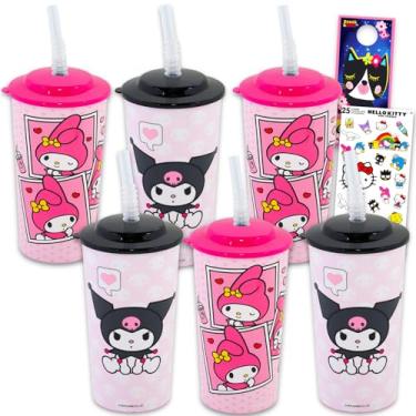 Imagem de SANRIO Copos reutilizáveis infantis de 473 ml - Pacote de 6 peças com copo de 473 ml com tampa e canudo com adesivos Hello Kitty, My Melody, Kuromi Plus para crianças, copo de meninas com canudo