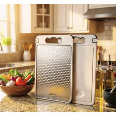 Imagem de Tábua de Corte 5-em-1 Delini com Lado Aço Inox e Afiador integrado Dupla face