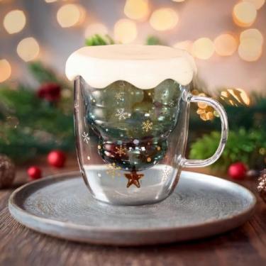 Imagem de Caneca de vidro de Natal 3D com parede dupla 250ml com árvore verde na