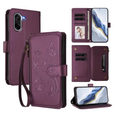 Imagem de Capa carteira para Oneplus ACE 5 Racing com porta-cartão, bolso com zíper e alça longa - capa fólio de couro com fecho magnético, suporte, capa feminina anti-impressão digital (roxo escuro)