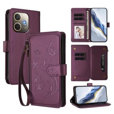 Imagem de Capa carteira para Oppo A5 Pro 4G/A5 Pro 5G com suporte para cartão, bolso com zíper e alça longa - capa fólio de couro com fecho magnético, suporte, capa feminina anti-impressão digital (roxo escuro)