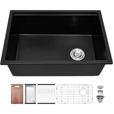 Imagem de Davivy Estação de trabalho de pia de cozinha de granito preto de 68 cm, pia de montagem inferior composta de granito, tigela única profunda com acessórios, 68 x 48 x 25 cm