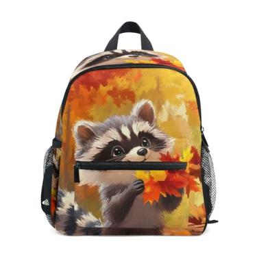 Imagem de GAIGEO Cute Raccoon Autumn Forest Kids Mini Backpack with Whistle, 2 Bottle Pockets, Lightweight, Preschool Backpack 10x4x12 In, for Ages 3-8