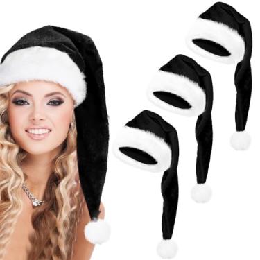 Imagem de zzhxkjhky Pacote com 3 chapéus de veludo longo de Natal chapéu de veludo de Papai Noel chapéu de pelúcia longo de luxo para homem e mulher festa de família de Natal, decoração de Natal para chapéu de Papai Noel de luxo colorido (3, preto)