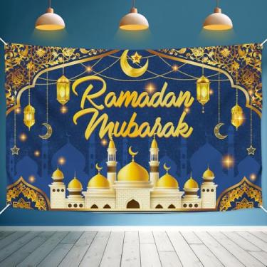 Imagem de Pano de fundo fotográfico Eid Mubarak, fundo de lanterna de lua e estrelas da mesquita muçulmana do Ramadã, Eid al-Fitr e Eids Party Photo Booth (1,8 x 1,1 m)