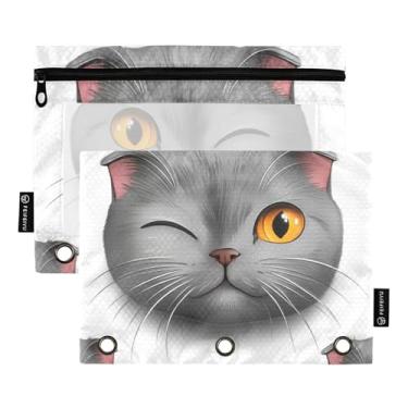 Imagem de Bolsa de lápis para fichário de 3 anéis, bolsa de lápis fofa cinza escocesa com zíper, fichários escolares personalizados, bolsos transparentes, tecido 25 x 18 cm, 2 pacotes