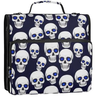 Imagem de 3 fichários com caveiras brancas e olhos azuis impressionantes, anel D de 3,8 cm, bolsa organizadora de fichário escolar com alça de ombro colorida, vários bolsos, pasta grande para portfólio 34,5 x