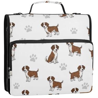 Imagem de Organizador de fichário com zíper branco e marrom e branco, 3 anéis, 3 anéis, bolsa resistente para fichários escolares com alça de ombro, pasta de armazenamento com alça, 34,5 x 31,5 x 9 cm