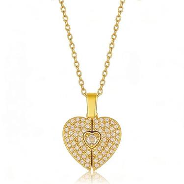Imagem de ONLYJUMP Colar feminino banhado a ouro 14K delicado com pingente de coração de strass colar com pingente de coração duplo, Large, Liga de aço, Zircônia cúbica