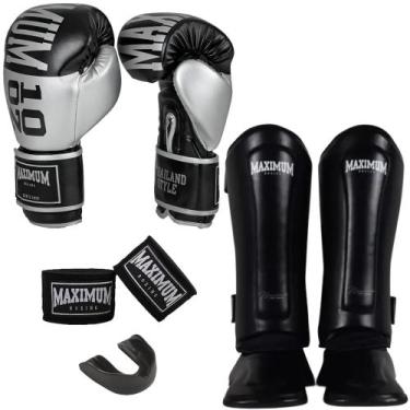 Imagem de Kit muay thai luva intermediária silver + caneleira classic black + ba