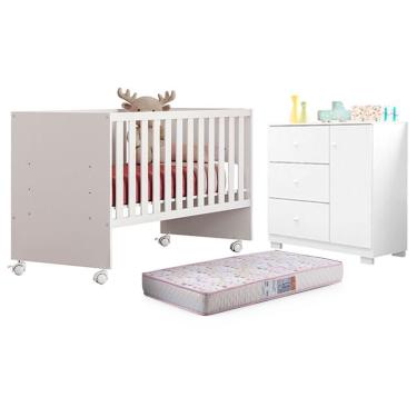 Imagem de Berço Nacional Doce Sonho 3540 e Cômoda Infantil Duda Branco Brilho com Colchão Gazin – Phoenix Baby