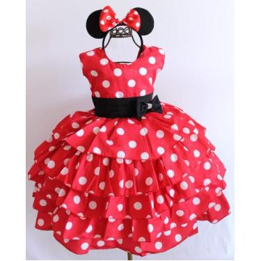 Imagem de Vestido De Festa Infantil Minnie Vermelho Póa Babado Luxo E Tiara - Pi
