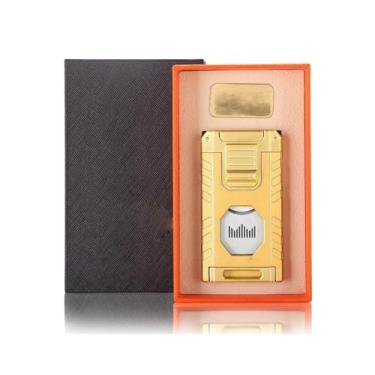 Imagem de JDIME Isqueiro turbo de charuto de luxo ao ar livre gás butano 3 tochas chama azul jato afiado tesoura ferramenta presente masculino (F)