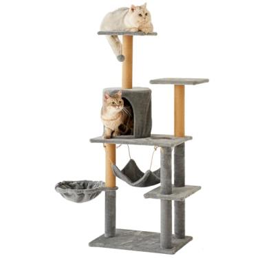 Imagem de Torre de árvore de gato de vários níveis, 132 cm de altura, pelúcia cinza com condomínio, rede, plataformas, postes de sisal, base de 55 x 38 cm