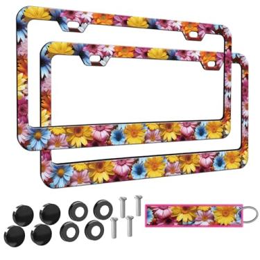 Imagem de 2 peças de moldura de placa de licença para mulheres, molduras decorativas de carro femininas, suporte de capa de placa de carro com etiqueta de chaveiro de carro dupla face (para margarida floral