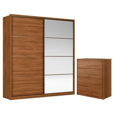 Imagem de Cômoda Átria 4 Gavetas e Guarda Roupa Casal Belga Nogueira Touch Flex com Espelho Demóbile - Demartêz