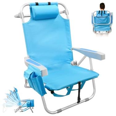 Imagem de Mochila, cadeiras de praia para adultos, resistente, compacta, portátil, dobrável, com alças de mochila e bolso grande, cadeira reclinável de alumínio com 5 posições para pátio ao ar livre, suporte