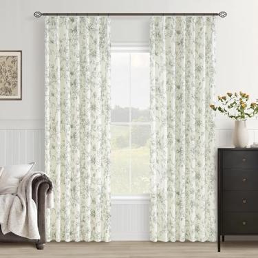 Imagem de Cortinas de linho floral verde-oliva plissadas para sala de estar, 213 cm de comprimento, estampa de flor de peônia, vintage, boho, casa de fazenda, filtro de luz, beliscão, plissado, cortinas para