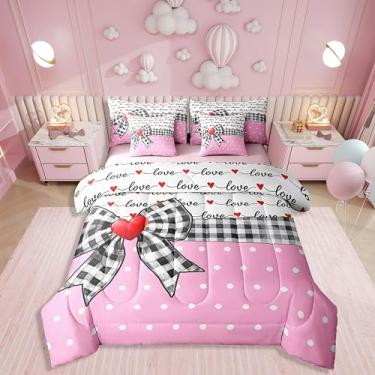 Imagem de Erosebridal Conjunto de edredom infantil de 7 peças com laço e laço de amor para namorada, estilo princesa sonhadora, xadrez buffalo, bolinhas, geométrico, edredom