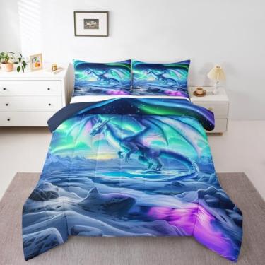 Imagem de Erosebridal Jogo de cama casal, dragão do oeste, dragão do oeste, fantasia, dragão, aurora boreal, edredom com 2 fronhas, decoração de quarto