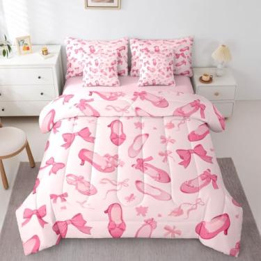 Imagem de Erosebridal Conjunto de cama solteiro de 7 peças com laço rosa para meninas, conjunto de edredom com fita de laço com lençóis, cama coquete vintage em uma bolsa, conjunto de cama estética feminina e