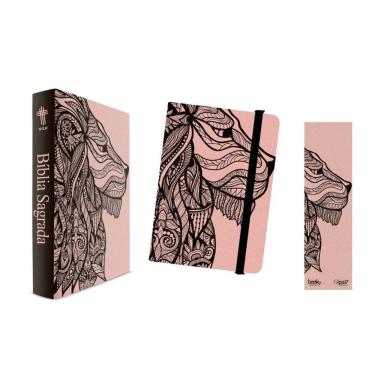 Imagem de Kit Leão Rosa - Bíblia Capa Dura NTLH + Moleskine + Marca Página