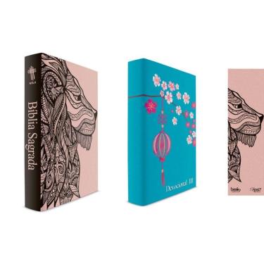 Imagem de Kit Leão Rosa - Bíblia Capa Dura NTLH + Devocional III Capa Azul Claro + Marca Página