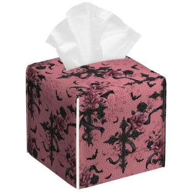 Imagem de Pacote com 2 caixas de lenços góticas pretas cruzes rosas quadradas de couro PU suporte organizador de papel facial à prova d'água para banheiro, cozinha, casa, escritório, carro