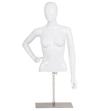 Imagem de Manequim torso masculino/feminino manequim torso cabeça virada vestido forma exibição ajuste altura branco meio corpo com base nos braços, branco brilhante para exibição de janela forma de vestido (F
